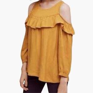 ANTHROPOLOGY MAEVE BOHEMIAN MUSTARD YELLOW RUFFLE  COLD SHOULDER TOP SZ 2